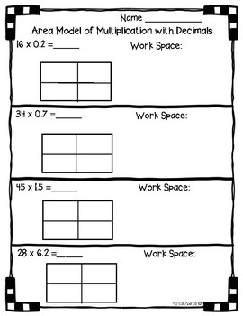 Preview of Area Model with Multiplication of Decimals Worksheet Practice - 5.NBT.B.7