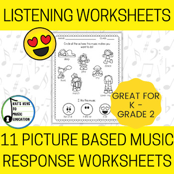 Preview of 11 Picture Based Listening Response Worksheets - Music Worksheets for K - 2