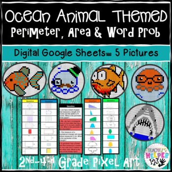 Preview of 5 Pixel Art | Ocean Animals | 2nd-3rd Math | Digital Perimeter/ Area/ Word Prob