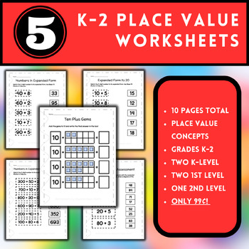 Preview of 5 Place Value Expanded Form Worksheets for Kindergarten, 1st, and 2nd Grade