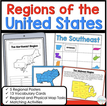 Preview of 5 Regions of the United States Matching Vocabulary Map Skills Digital and Print