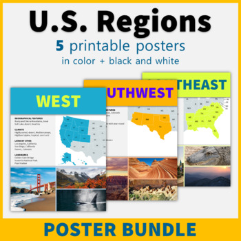 Preview of 5 Regions of the United States Posters US Regions Geography Classroom Decor
