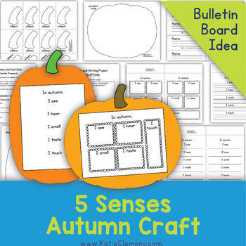 Preview of 5 Senses Autumn Pumpkin Craft November Bulletin Board Craft Writing Activity