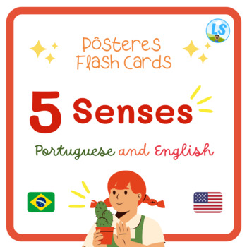 Preview of 5 Senses Bilingual Posters Flash Cards Portuguese and English pôster 5 sentidos