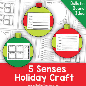 Preview of 5 Senses Christmas Craft Bulletin Board Craftivity, Ornament Writing Activities