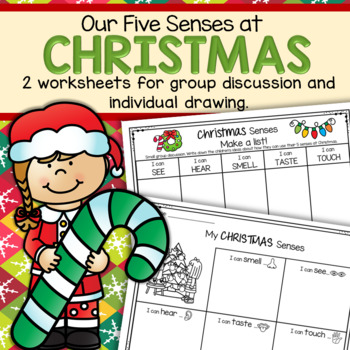 Preview of 5 Senses at CHRISTMAS - 2 Worksheets for Group Discussion and Individual Drawing