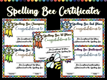 Preview of Fillable- 5 Spelling Bee Certificates Pack - For ALL participants-