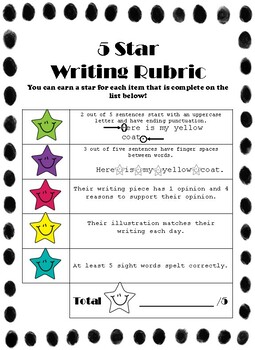 Five Star Writing: Writing Paper and Rubrics for Kindergarten - Self Check