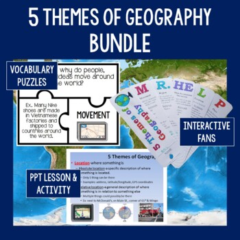 Preview of 5 Themes of Geography Activity Bundle - PowerPoint - Vocabulary Puzzles - Fans