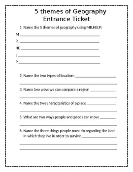 Preview of 5 Themes of Geography Quiz/ Entrance or Exit Slip