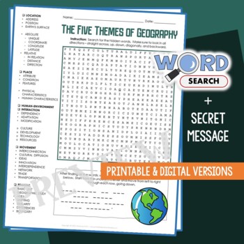 Preview of 5 Themes of Geography Word Search Puzzle Vocabulary Activity Worksheet