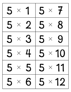 5 Times Multiplication Table Flash Cards with Answers on Back, Printable