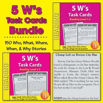 Preview of WH Questions Task Cards BUNDLE: 150 Funny Reading Comprehension Passages