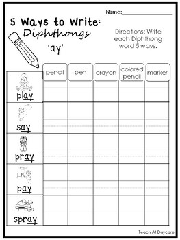 5 Ways to Write Diphthongs Worksheets. 10 pages. Kindergarten-1st Grade