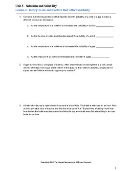 Preview of 5 Worksheet Bundle for Chemistry Unit (Solutions and Solubility)