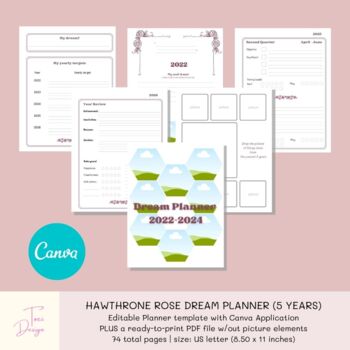 Preview of 5 Years Hawthrone Rose Dream Planner: Goal Planner Canva Template & PDF