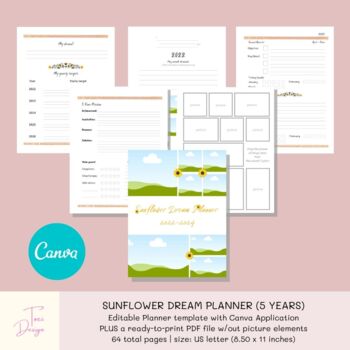 Preview of 5 Years Sunflower Dream Planner:  Goal Planner Canva Template & PDF