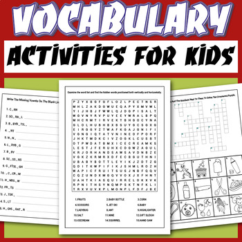 Preview of Vocabulary Activities: Word Search, Scramble, Missing Letters, Crossword for kid
