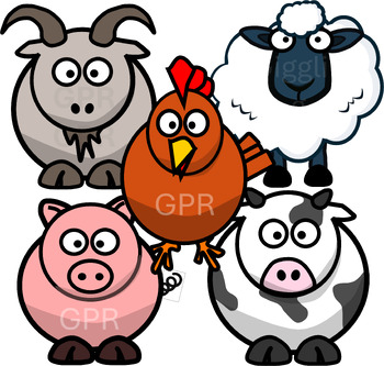 Preview of 5 cute farm animals. PNG files on transparent backgrounds. 20 images in total