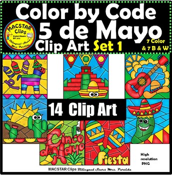 Preview of 5 de Mayo Color by Code Clip Art  SET 1 ClipArt Cinco de Mayo Images