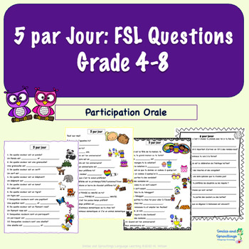 Preview of 5 par Jour Questions for Core FSL 4-8| Oral Communication | French | Core French