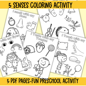 Preview of 5 senses coloring activity pages , Preschool worksheets, five senses teaching