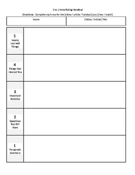 Preview of 5 to 1 Note Taking Handout