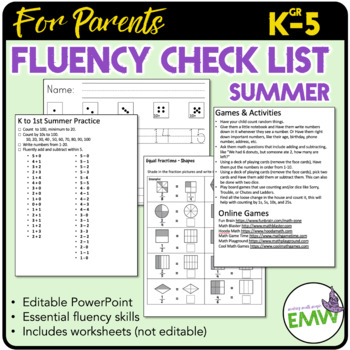 Preview of Summer Fluency math checklist of skills games activities worksheets