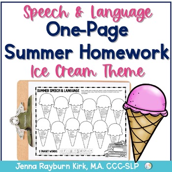 Preview of Speech and Language One Page Summer Packet Ice Cream Theme Homework