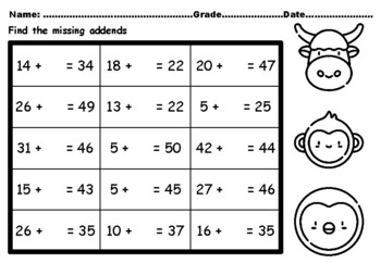 Preview of 50 Animals Grade 2 Math Activity, Missing Addends Worksheets upto Number 50