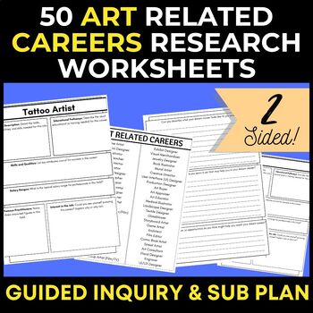 Preview of 50 Art Related Careers Research Worksheets- Guided Inquiry & Sub Plan