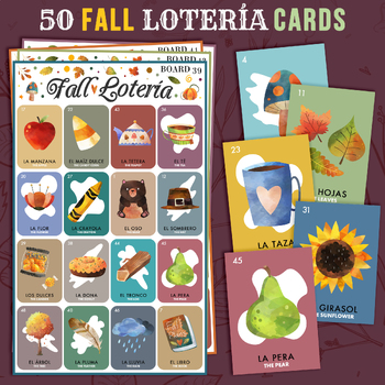 Preview of 50 Autumn-Themed Mexican Loteria Bingo Cards | Fall Spanish Printable
