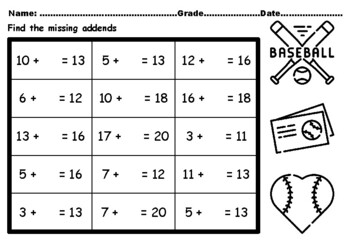 Preview of 50 Baseball Theme Grade 1 Math Missing Addends Worksheets up to 20 CCSS.1.OA.A.1