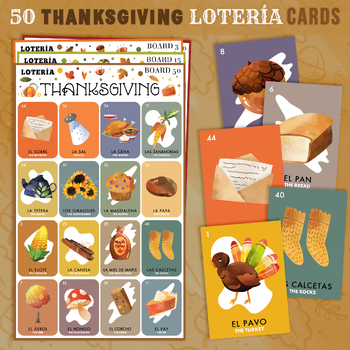 Preview of 50 Bilingual Thanksgiving Mexican Loteria Boards | Día de Acción de Gracias