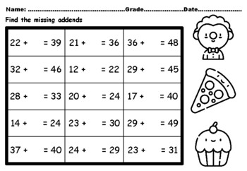 Preview of 50 Birthday Math Activity Missing Addends Worksheets upto Number 50