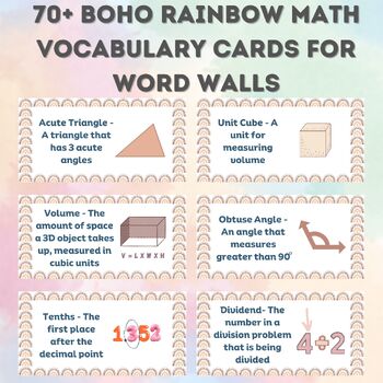 Preview of 70+ Boho Rainbow Math Vocabulary Words for Word Wall, 3rd, 4th & 5th Grade
