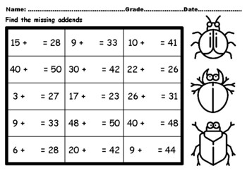 Preview of 50 Bugs Math 2nd Grade Missing Addends Worksheets upto Number 50