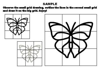 50 Butterflies Easy Grid Drawing Activities, Butterflies Art Sub Plan