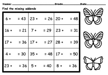 Preview of 50 Butterflies Spring Math 2nd Grade Missing Addends Worksheets upto Number 50,