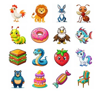 Preview of 50+ Cartoon Cliparts Animal, Cupcake, Bee, Flowers, Donut, SVG & JPG for Cricut