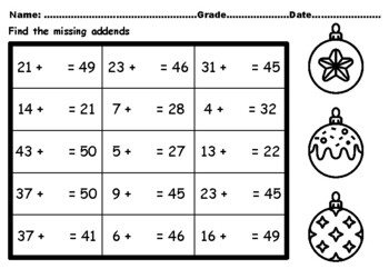 Preview of 50 Christmas Baubles January Math Missing Addends Worksheets upto Number 50