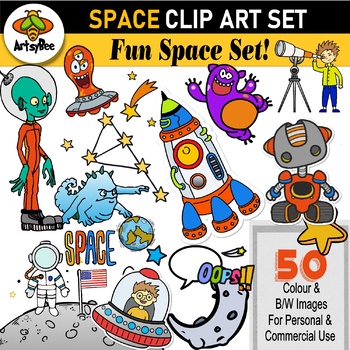 Preview of 50 Clip art images of Fun in Space doodle style design elements!