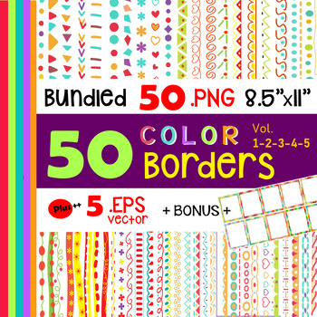 Preview of 50 Color Page Borders (PNG + EPS) with Bonus | 5 Packages Bundled.