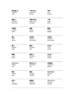 Preview of 50 Common Personalities in Japanese Worksheet