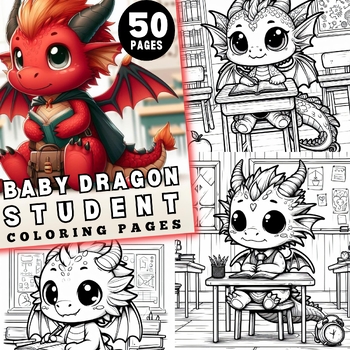 Preview of 50 Cute Baby student Dragon in a Classroom Fantasy Coloring pages for kids pdf