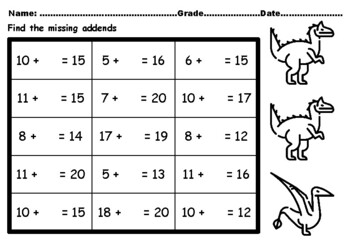 50 dinosaurs missing addends worksheets upto number 20 addition subtraction