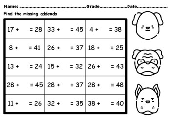 Preview of 50 Dogs Math Activity Grade 2 Missing Addends Worksheets upto Number 50