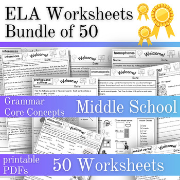 Preview of 50 ELA Worksheets - English Language Arts Core Curriculum - Middle School