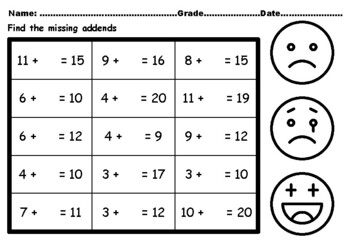 Preview of 50 Emotions Missing Addends Worksheets upto 20, CCSS.1.OA.A.1 SEL Math