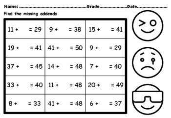 Preview of 50 Emotions Missing Addends Worksheets upto Number 50 Grade 2 Math Home Work